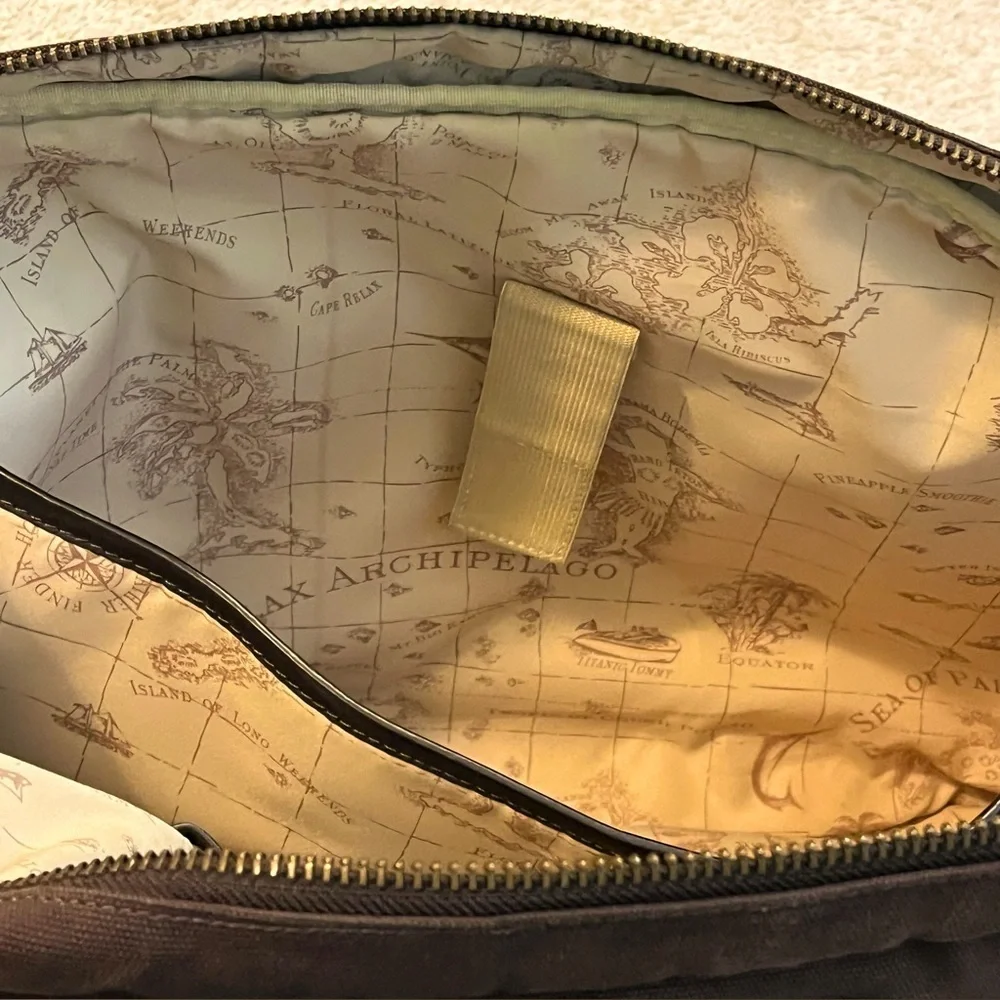 Tommy Bahama Tobago Briefcase Laptop Bag Canvas & Leather Carry Strap Map Lining